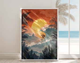 Pode incluir: Uma pintura em aquarela de duas pessoas surfando em uma grande onda. O sol está se pondo ao fundo, e há palmeiras de cada lado da onda. As cores são quentes e convidativas, com tons de laranja, amarelo e azul.