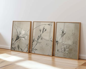 botanical wall art set of 3 printable triptych black and white floral line drawings minimalist digital downloads for home decor