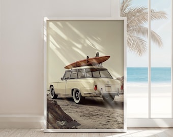 california beach wall art printable retro surf car digital download vintage surfboard decor coastal boho beach house print