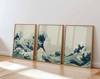 wave triptych digital download japanese great wave wall art set of 3 ocean prints hokusai kanagawa minimalist decor printable