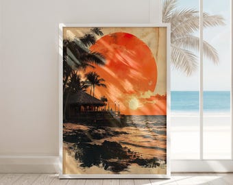 california beach wall art printable sunset palm ocean vintage coastal decor digital download for living room or bedroom
