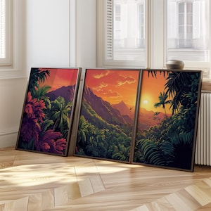 sunset triptych wall art set of 3, tropical nature printable wall decor, digital landscape painting download, panoramic art print