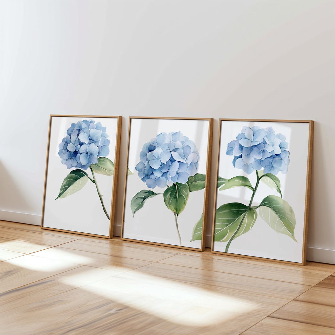 Blue Hydrangea Wall Art Set of 3 Printable Triptych Floral Botanical ...