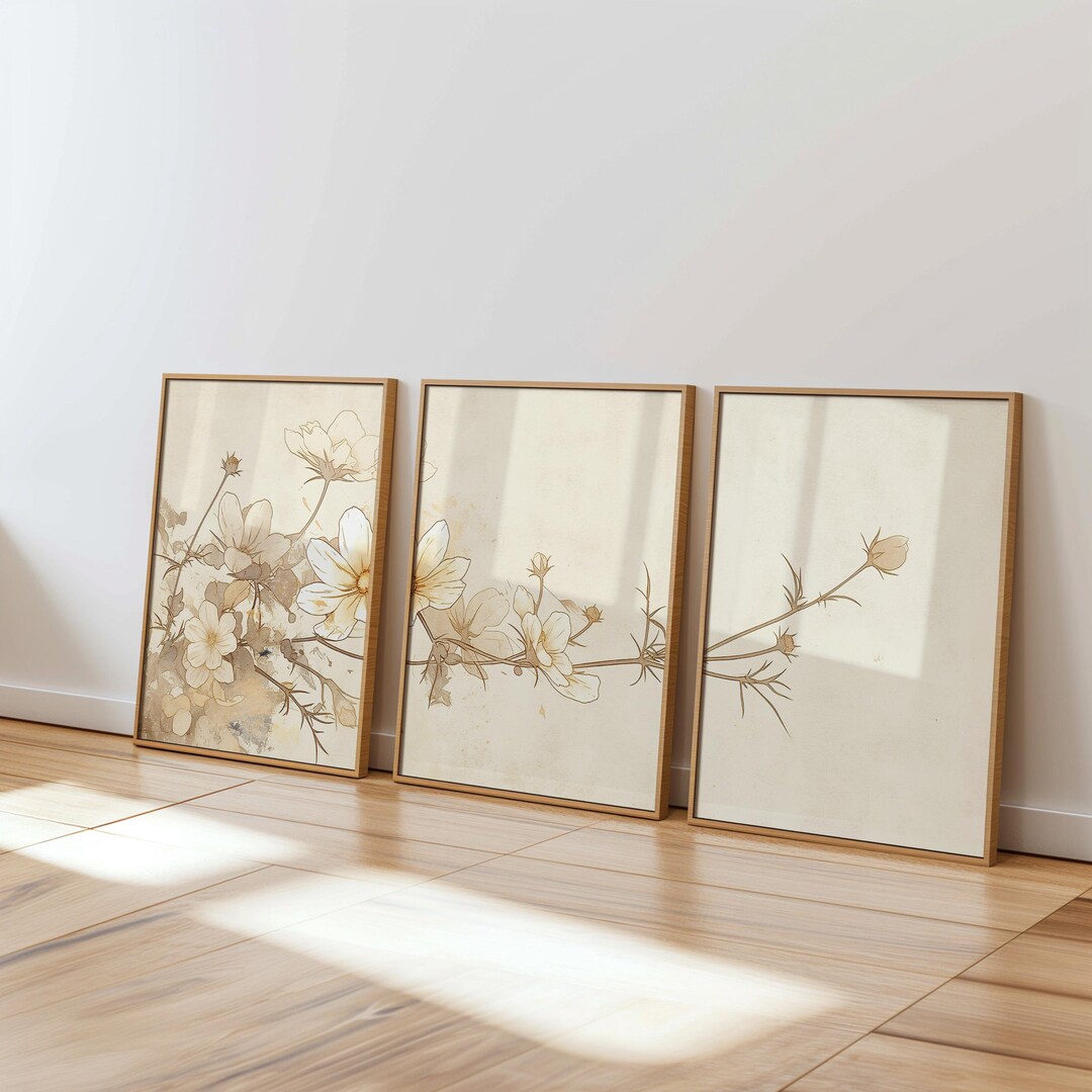 Floral Wall Art Set of 3 Digital Download, Beige Botanical Triptych ...