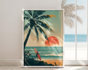 beach wall art digital print retro coastal sunset decor tropical ocean poster boho mid century printable instant download for home