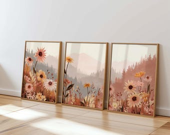 autumn wall art set of 3, landscape triptych print, fall nature printable decor, digital download, serene forest painting