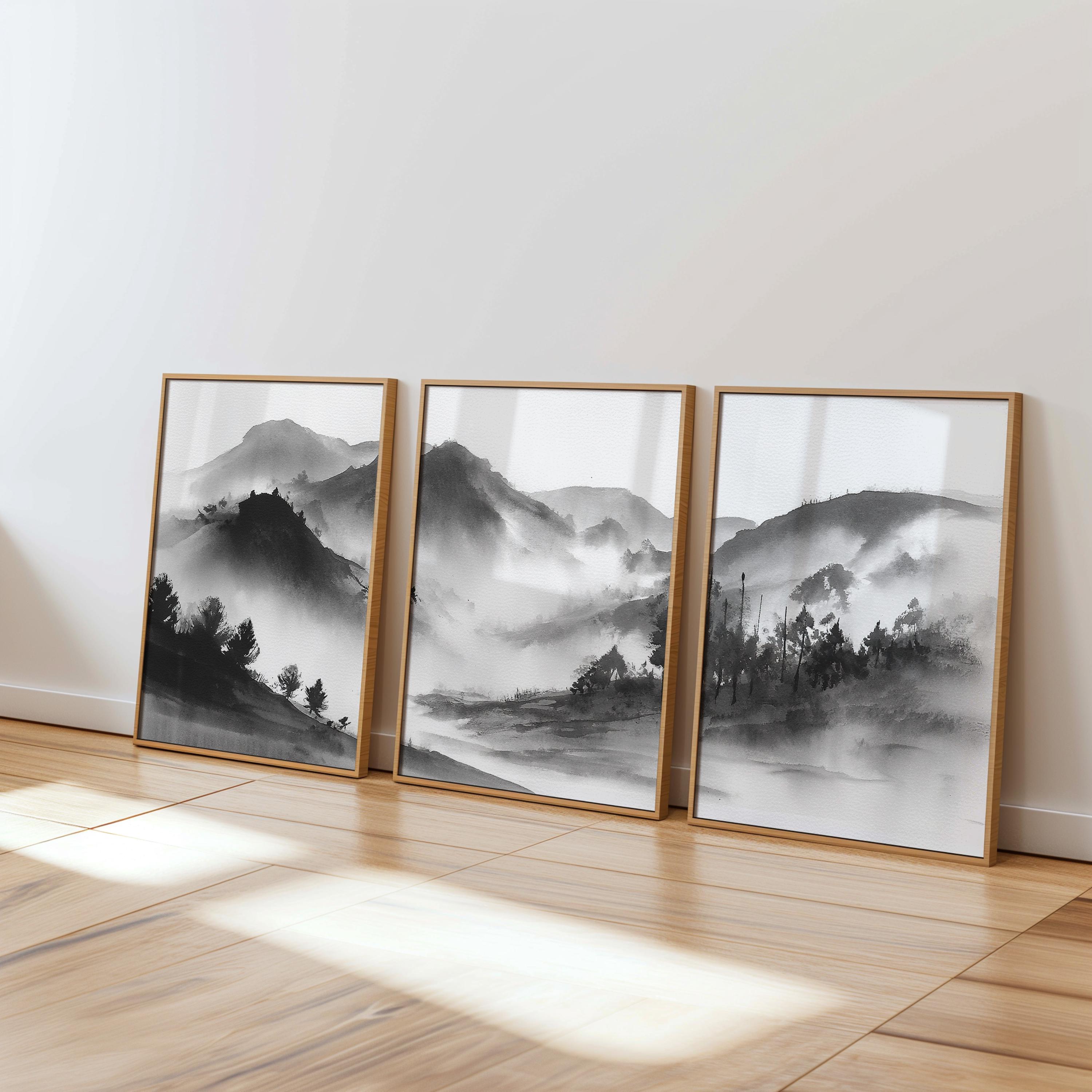 misty mountain triptych wall art set digital download black and white landscape printable minimal decor living room artwork