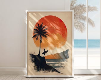 Retro Surfer Sunset Print, Minimalist Beach Art (Digital Download)