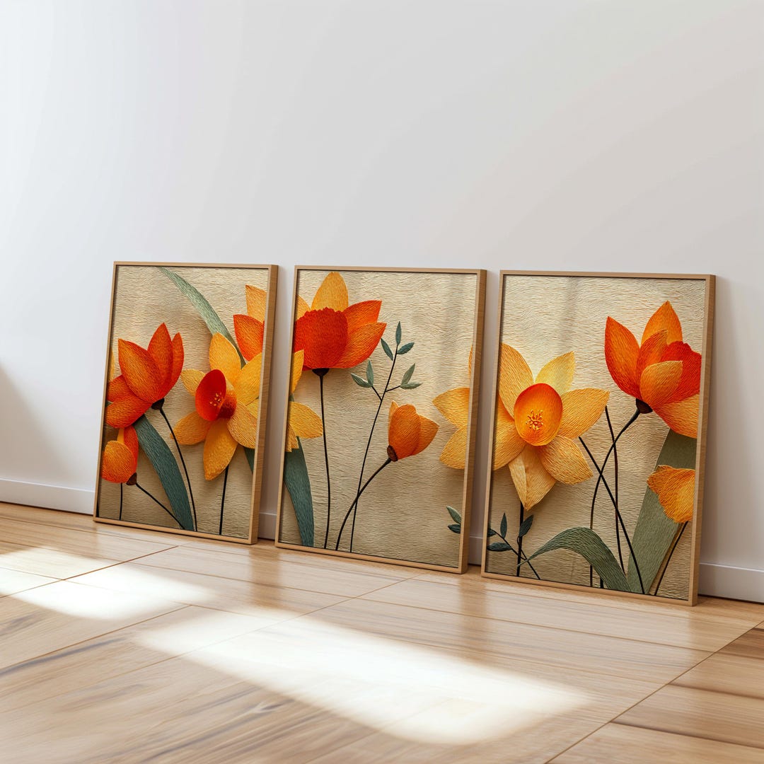 Triptych Wall Art Set Modern Botanical Digital Prints Floral Artwork ...