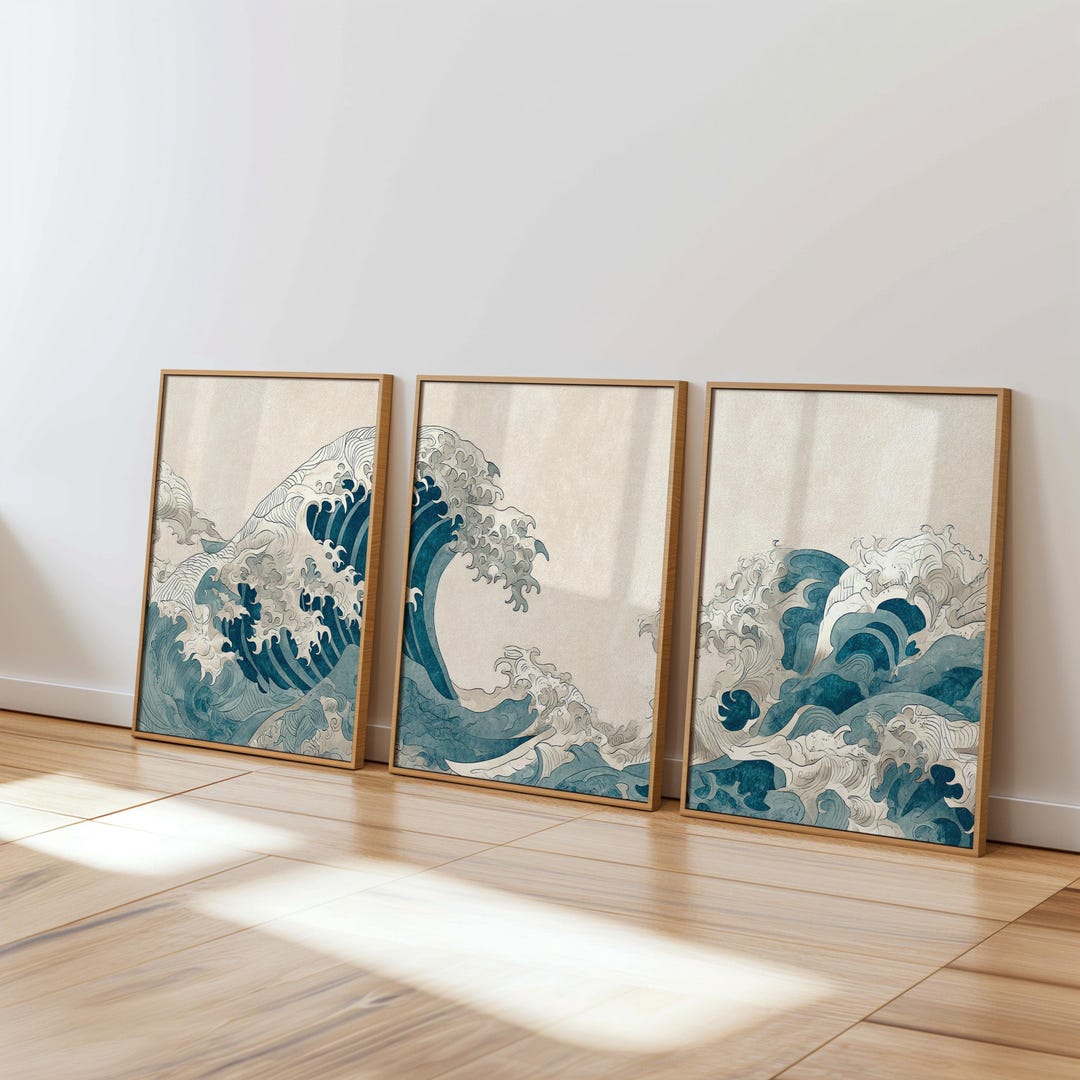 Ocean Triptych Wall Art Set of 3 Blue Wave Prints Japanese Woodblock ...