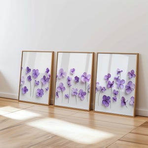 botanical wall art set of 3 printable violet floral triptych minimalist purple flower decor digital download