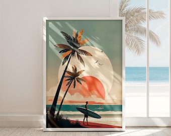 retro beach wall art digital print, vintage coastal decor, ocean surf poster, tropical download, sunset palm tree artwork