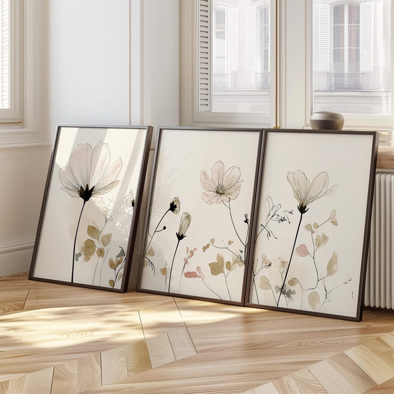 Botanical Wall Art Printable Set of 3, Modern Floral Triptych Digital ...