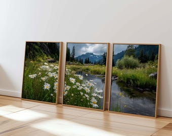 meadow triptych wall art digital download set of 3 wildflower landscape printable nature photo living room decor