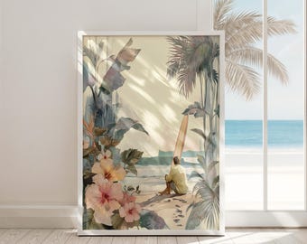 Pode incluir: Uma pintura em aquarela de um surfista sentado na praia com uma prancha de surf ao lado dele. A pintura apresenta plantas tropicais e flores em tons de rosa, verde e azul.