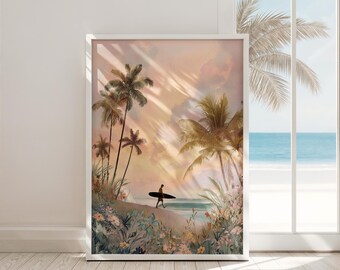 Surfer Beach Watercolor Print, Tropical Sunset Art (Digital Download)