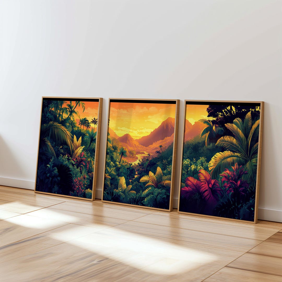 Digital Jungle Wall Art Triptych Tropical Sunset Print Set Printable ...