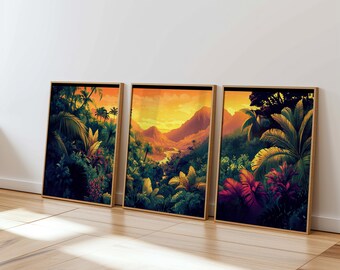 digital jungle wall art triptych tropical sunset print set printable boho decor for gallery wall or living room