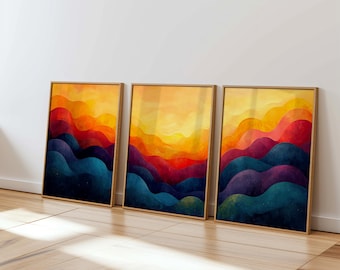 sunset triptych wall art digital download set of 3 abstract landscape prints boho mountains colorful living room decor printable