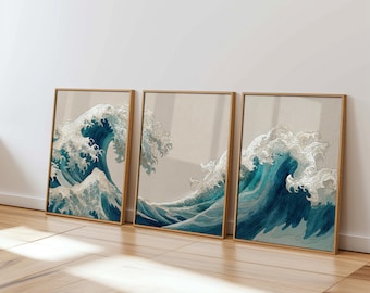 japanese wave triptych printable wall art set digital ocean waves decor coastal minimalist download