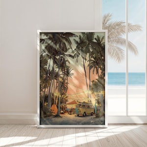 Arte mural de acuarela para autocaravana, descarga digital, decoración de camping playero, bohemio, imprimible, atardecer, palmera, póster de vida en furgoneta.
