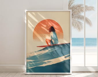 Retro Surfer Sunset Print | Minimalist Coastal Wall Art (Digital Download)