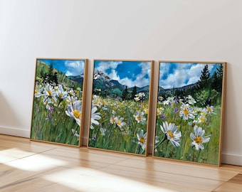 meadow wall art triptych printable nature landscape wildflower field digital download panoramic farmhouse decor set of 3 panels