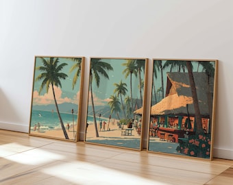 tropical triptych wall art set of 3, digital beach decor printable, coastal palm tree landscape instant download