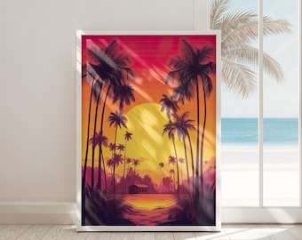 beach wall art printable tropical sunset decor coastal boho retro art digital palm tree print instant download