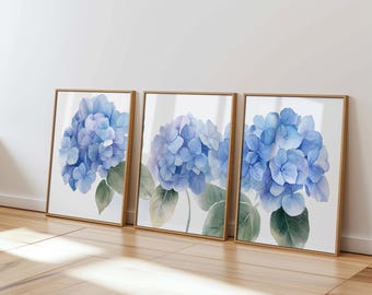 botanical wall art trio blue hydrangea printable set watercolor floral triptych digital download calming home decor