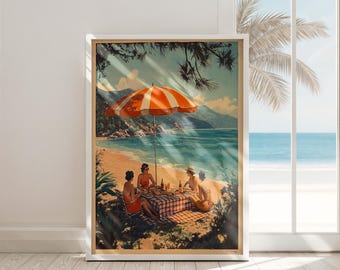 Arte de pared de playa retro imprimible, decoración costera vintage, descarga digital, impresión costera de verano, obra de arte de casa de playa instantánea