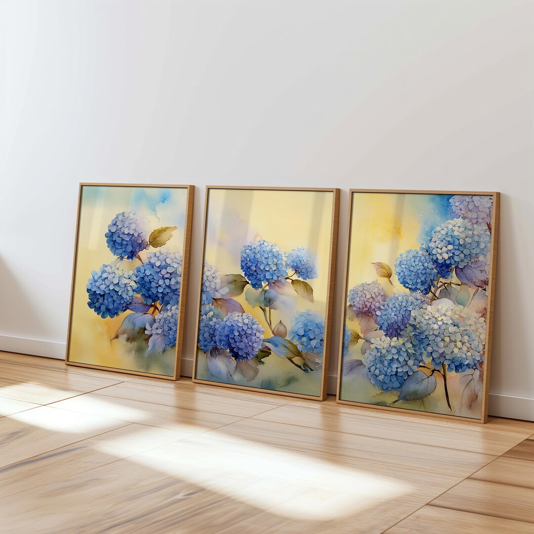 Botanical Hydrangea Triptych Printable Wall Art Set Digital Watercolor ...