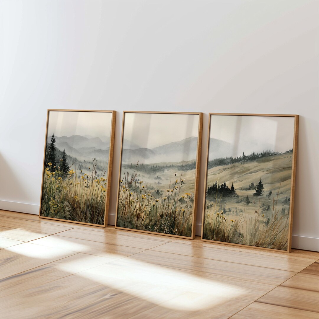 Mountain Landscape Wall Art Set of 3, Misty Valley Triptych, Printable ...