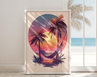 Impresión de arte de pared de playa, retro, tropical, atardecer, palmera, descarga digital, decoración costera, hamaca, estética vintage