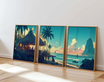 beach triptych wall art set of 3, tropical digital print, coastal sunset ocean decor, printable paradise landscape