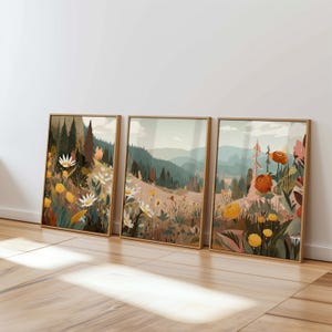 triptych wall art set landscape printable digital download nature wildflower decor for living room or bedroom 3 panel earthy wall art