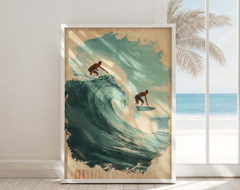 Retro Surfing Wave Print | Vintage Beach Art, Coastal Decor (Digital Download)