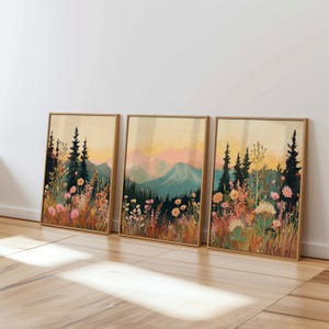 triptych wall art set three panel landscape prints digital download wildflower mountain decor for living room boho printable art