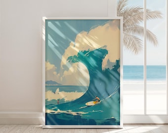 May include: A painting of a large wave crashing in the ocean with two surfers riding the wave. The wave is a vibrant blue and green color, and the sky is a light blue with white clouds. The painting is framed in a white frame.