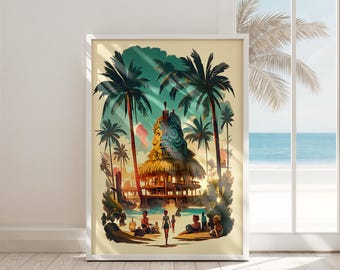 beach wall art print retro tropical decor digital download coastal sunset poster vintage surf hut palm tree art for home