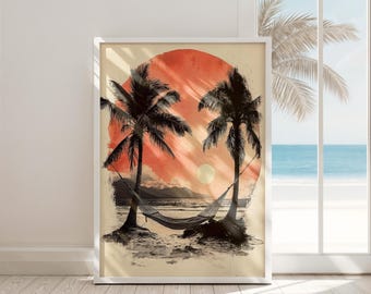 Impresión digital de arte mural de playa de California, descarga digital, atardecer, palmera, hamaca, decoración costera, bohemio, tropical, acuarela, arte para sala de estar