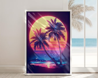Stampa artistica da parete retrò, stile vaporwave, tramonto, decorazione tropicale digitale, neon, palma, download istantaneo, poster estetico per la casa.