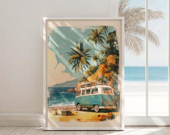 retro beach wall art print digital download coastal surf van poster vintage boho summer decor pastel ocean printable art