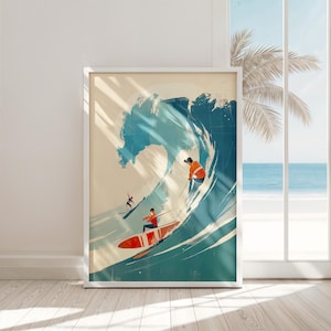 Impresión de arte mural de surf, decoración de playa retro, descarga digital, póster oceánico costero, surfistas, fotografía azul y naranja, arte instantáneo para casa de playa