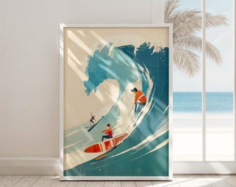 surf wall art print retro beach decor digital download coastal ocean poster surfers blue orange photography instant beach house art