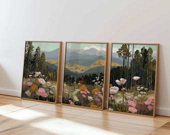 nature triptych wall art set of 3 printable landscape art digital download wildflower boho decor earthy tones living room bedroom