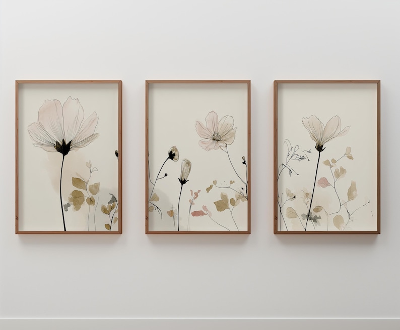 Botanical Wall Art Printable Set of 3, Modern Floral Triptych Digital ...