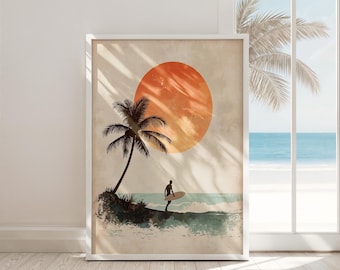 retro beach wall art print digital download vintage coastal decor sunset surfer boho ocean print tropical beach house artwork