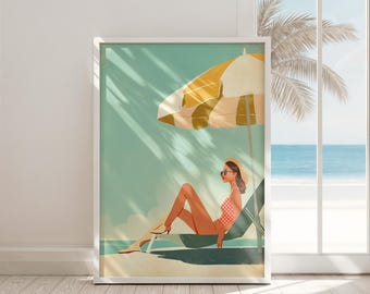 Retro Beach Print | Mid Century Woman Under Umbrella (Digital Download)