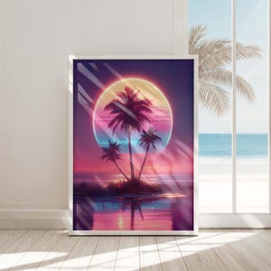 retro beach wall art digital download synthwave neon palm tree print vaporwave decor 80s aesthetic vibrant tropical poster